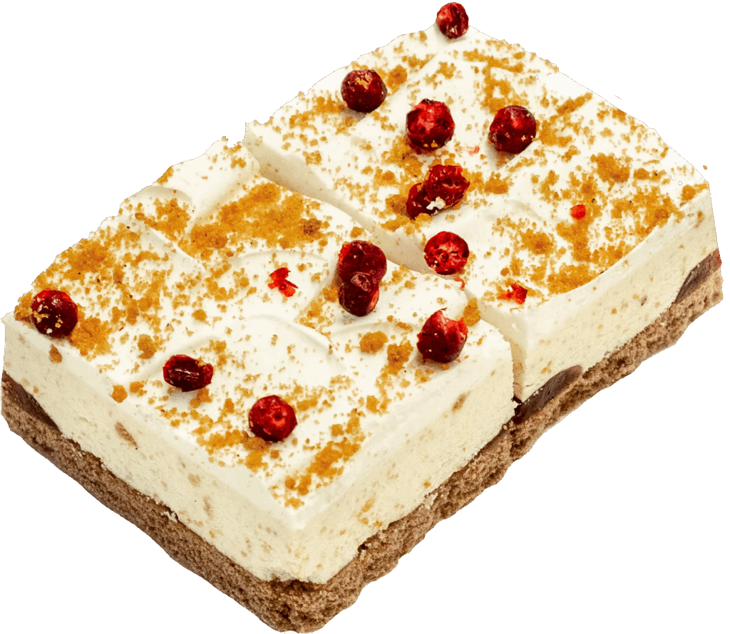 Elonen Pipari-puolukkaleivos - joulunmakuinen leivos, jossa pipari-tuorejuustomousse ja puolukka-karpalotäyte.