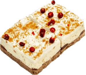 Elonen Pipari-puolukkaleivos - joulunmakuinen leivos, jossa pipari-tuorejuustomousse ja puolukka-karpalotäyte.